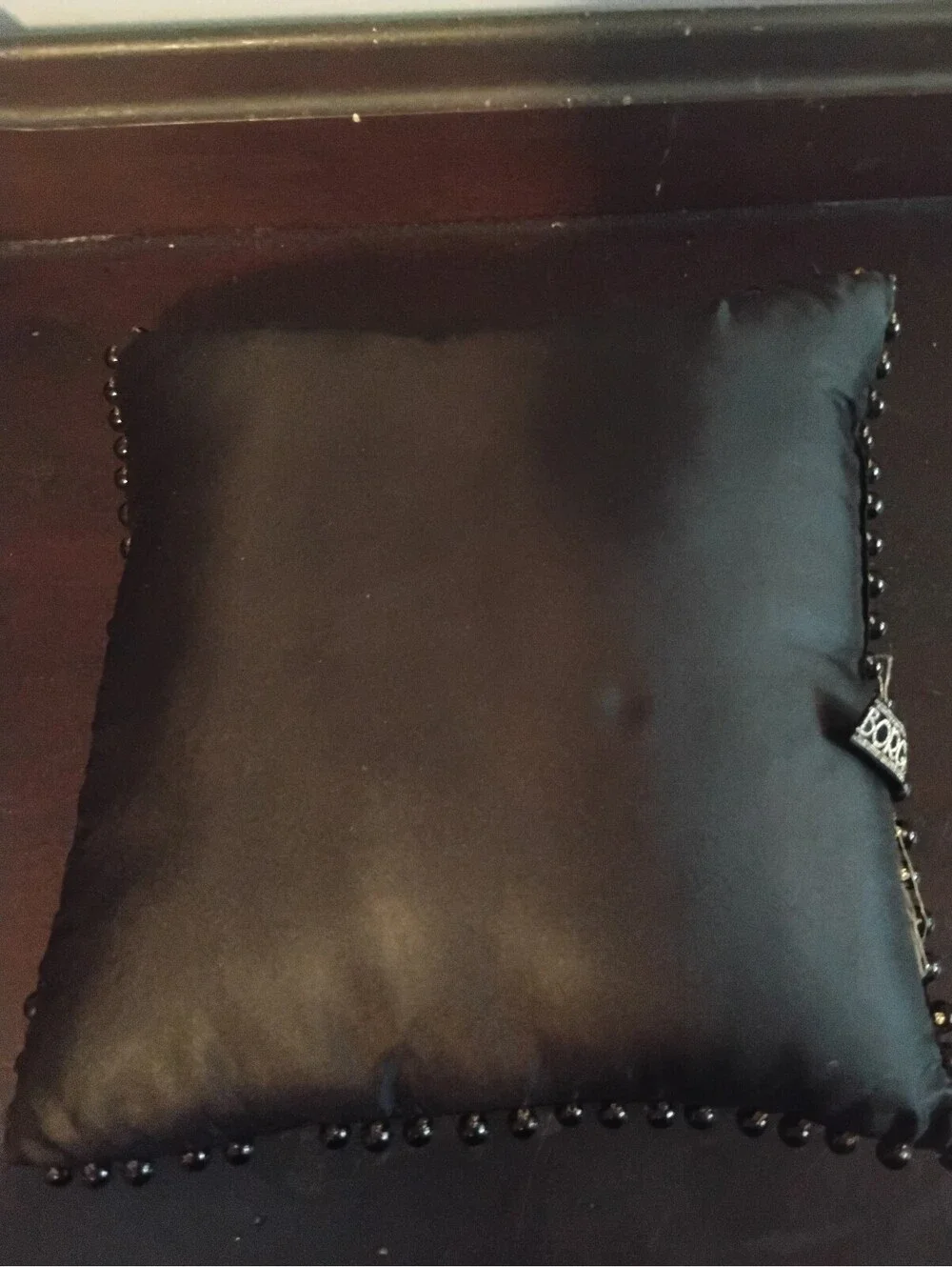 Borgata Black Satin Gold Embroidered Initial Throw Pillow with Beaded Trim